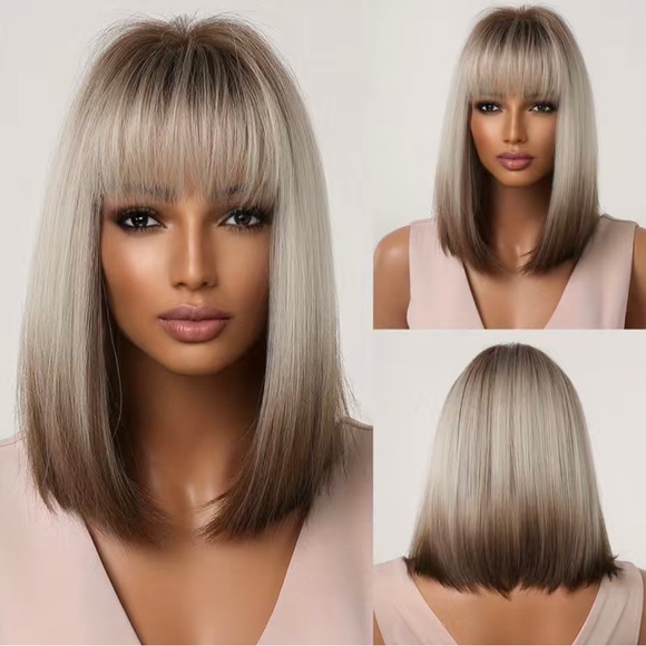 - - Human hair blend gray blonde to brown ombre Bob straight wig. main image 6
